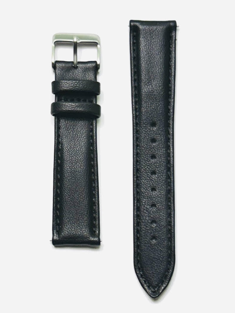 Black Mela apple leather watch band included with The Point Daywatch — front view